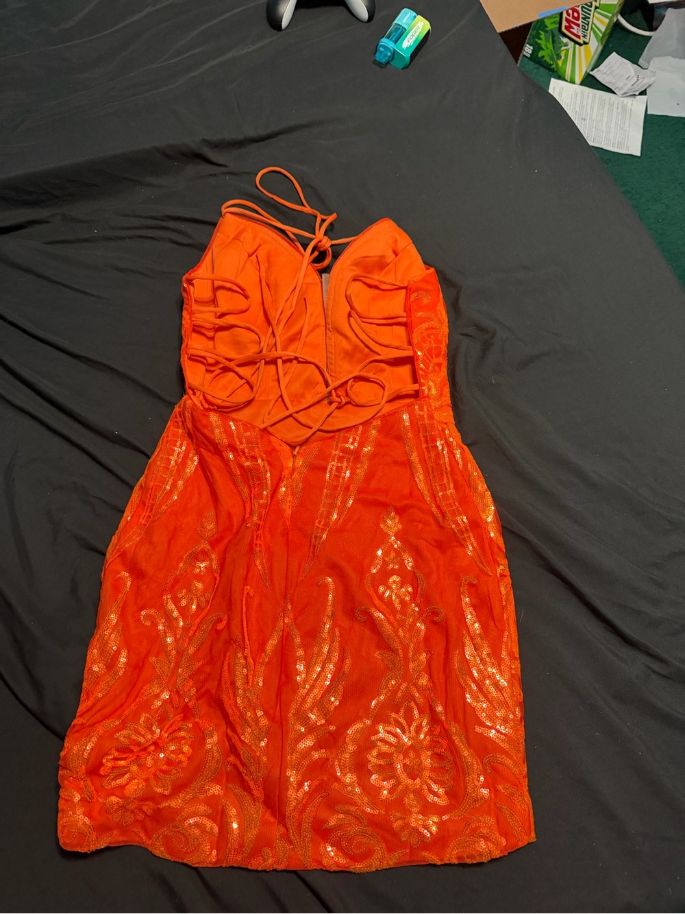 Amazon Orange Sequin Lace-Up Mini Dress